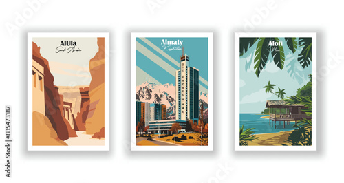 Almaty, Kazakhstan, Alofi, Niue, AlUla, Saudi Arabia - Vintage travel poster. Vector illustration. Poster Travel for Hikers Campers Living Room Decor