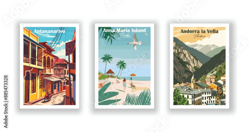 Andorra la Vella, Andorra, Anna Maria Island, Florida, Antananarivo, Madagascar - Vintage travel poster. Vector illustration. Poster Travel for Hikers Campers Living Room Decor