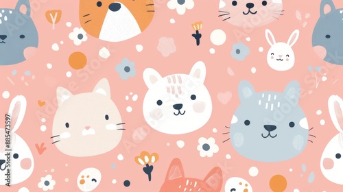A cute wallpaper with cartoon-style animals such as cats, dogs, and rabbits 