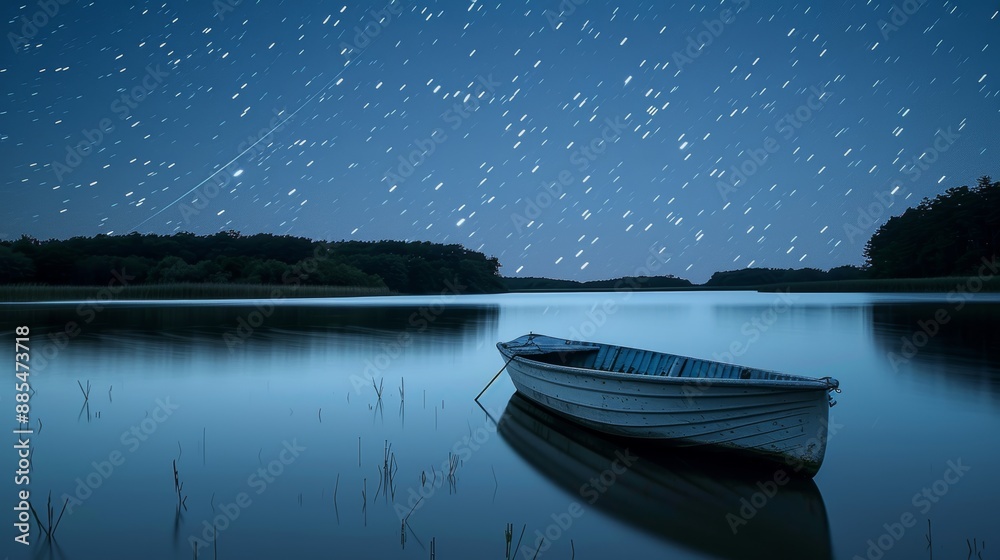 Naklejka premium Tranquil Serenity Rowboat on Still Lake Beneath Starlit Sky