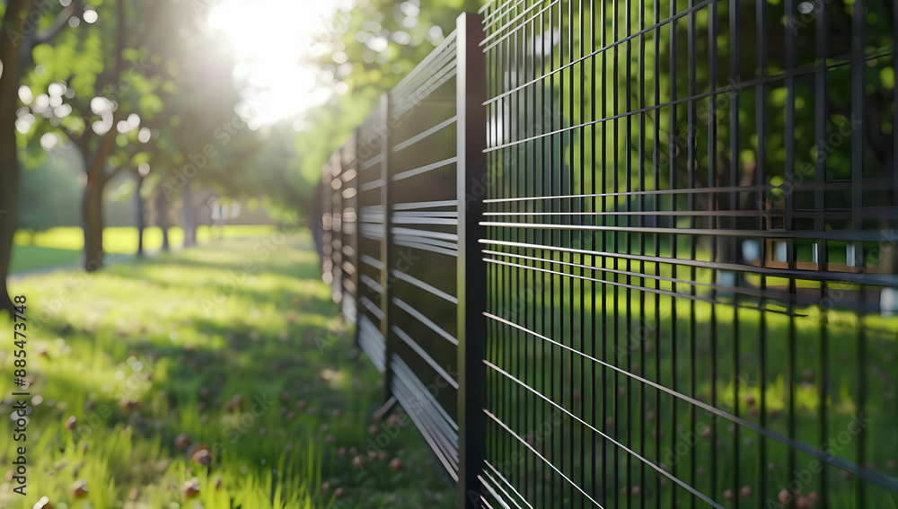 Modern metal fence in a sunlit green park, offering both security and aesthetics with its sleek design and natural surroundings. Modern metal fence in a sunlit green park, offering both security and aesthetics with its sleek design and natural surroundings.