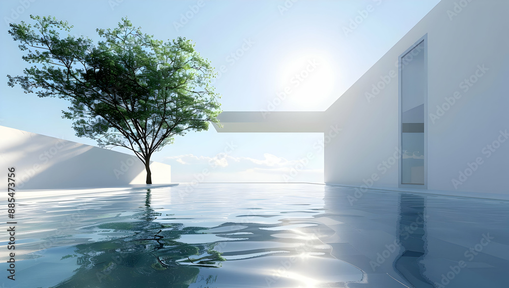 Fototapeta premium Modern minimalist architectural design featuring a tranquil outdoor pool with a solitary tree and sleek white geometric structures.
