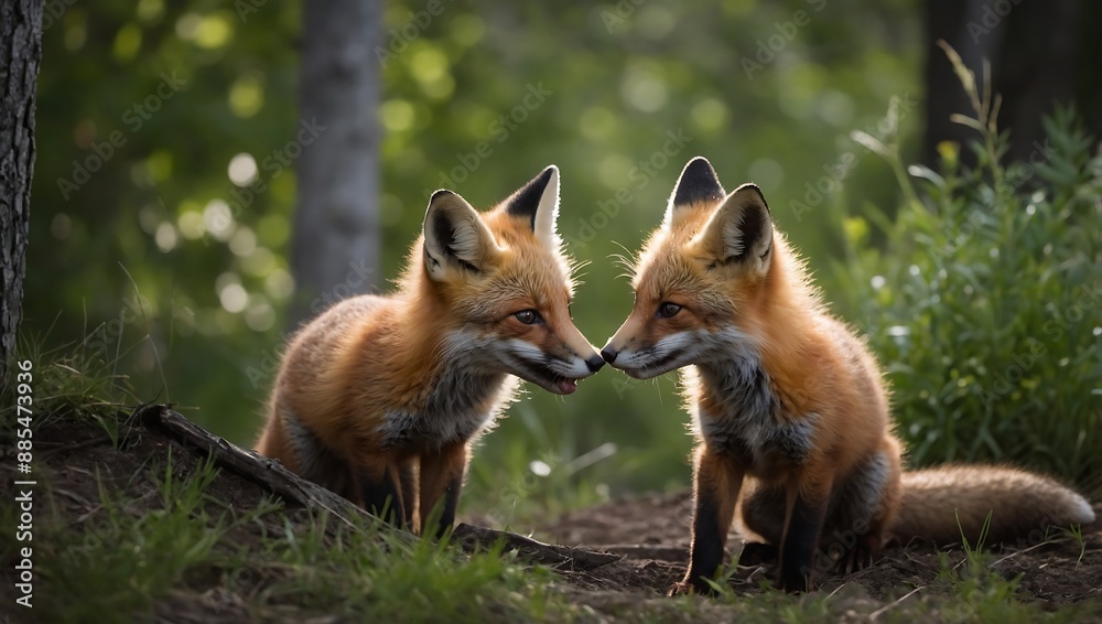 Red fox kits playing near den in Canadian fores Red fox kits playing near den in Canadian fores