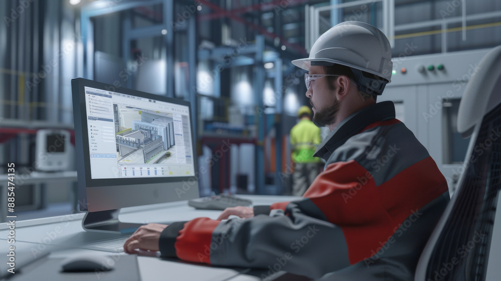 An engineer in safety gear studies 3D industrial models on a computer in a brightly lit, advanced manufacturing facility, with another worker in the background. An engineer in safety gear studies 3D industrial models on a computer in a brightly lit, advanced manufacturing facility, with another worker in the background.