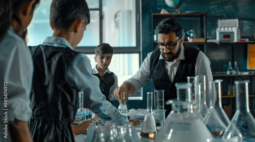 In a science classroom, a teacher demonstrates an experiment to students gathered around a table filled with beakers and test tubes. In a science classroom, a teacher demonstrates an experiment to students gathered around a table filled with beakers and test tubes.