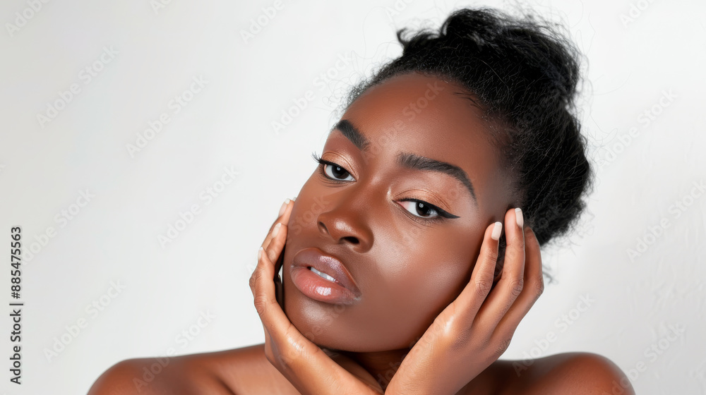 A poised woman gently resting her face in her hands, her gaze serene against a minimalist white background. A poised woman gently resting her face in her hands, her gaze serene against a minimalist white background.
