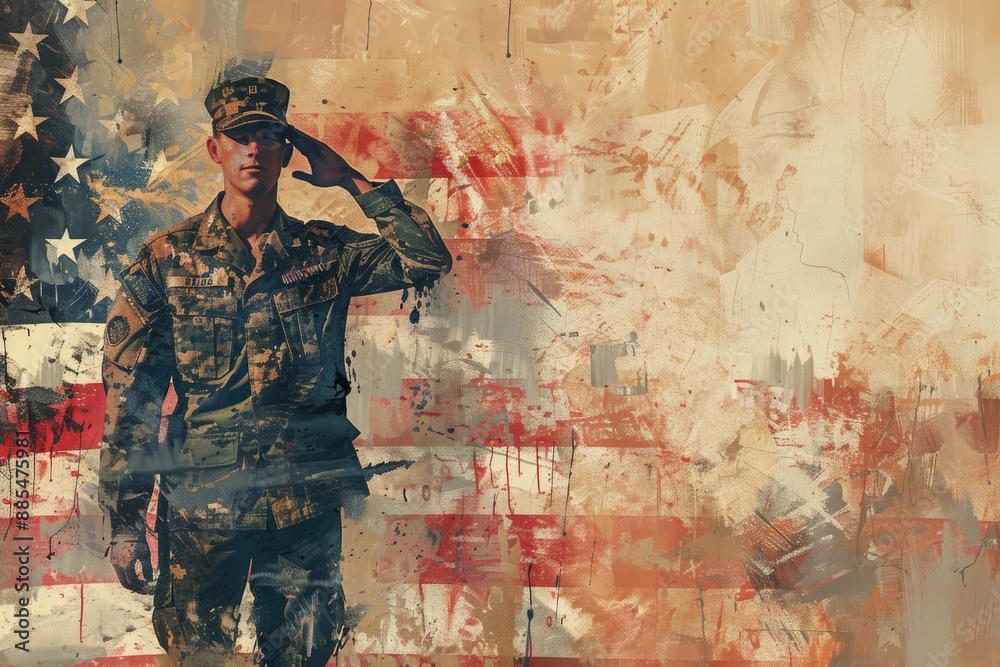 Illustrate a Memorial Day background featuring a soldier saluting in front of a large American flag Illustrate a Memorial Day background featuring a soldier saluting in front of a large American flag