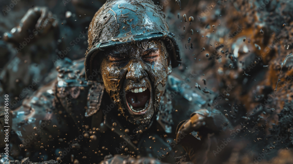 A soldier's face contorts in anguish as he struggles in thick mud, his helmet splattered, capturing a moment of intense battle and raw emotion. A soldier's face contorts in anguish as he struggles in thick mud, his helmet splattered, capturing a moment of intense battle and raw emotion.