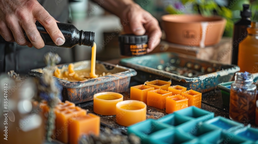 A table set for a candle-making session, with colorful wax blocks, molds, and essential oils, showing an individual carefully pouring wax into a mold, capturing a creative and aromatic hobby A table set for a candle-making session, with colorful wax blocks, molds, and essential oils, showing an individual carefully pouring wax into a mold, capturing a creative and aromatic hobby