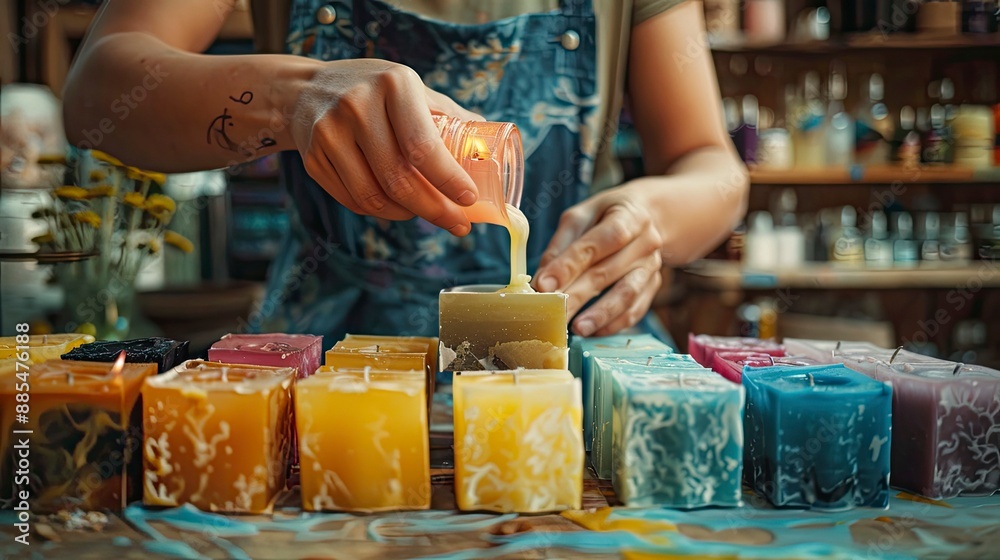 A table set for a candle-making session, with colorful wax blocks, molds, and essential oils, showing an individual carefully pouring wax into a mold, capturing a creative and aromatic hobby A table set for a candle-making session, with colorful wax blocks, molds, and essential oils, showing an individual carefully pouring wax into a mold, capturing a creative and aromatic hobby