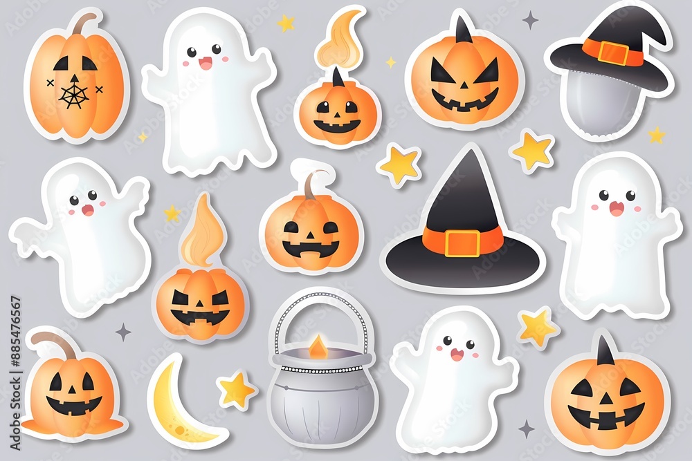 Naklejka premium Cute Halloween illustrations: ghosts, pumpkins, witch hats, cauldron, stars, and crescent moon