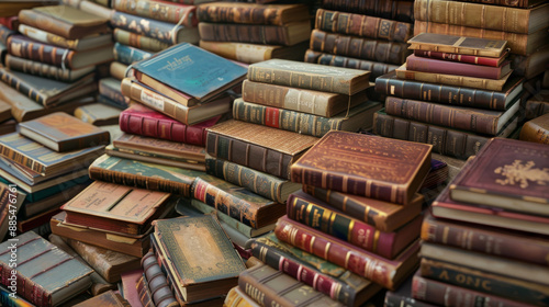 An array of antique books with worn covers and aged bindings, creating an atmosphere of history and literary treasure in an overcrowded bookshelf.