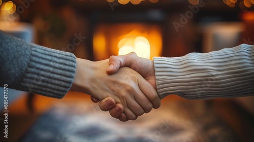 A friendly handshake between a homeowner and a guest in a cozy living room, with comfortable seating, a fireplace, and warm, inviting lighting creating a homely feel. --ar 16:9 --v 6. photo