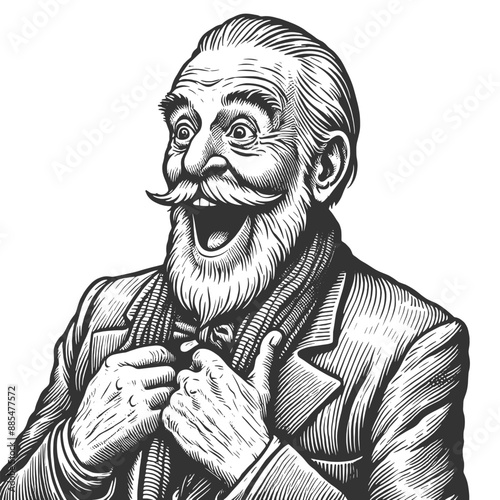 Happy surprised ecstatic elderly man with glasses, a wide smile, joy and surprise sketch engraving generative ai fictional character vector illustration. Scratch board imitation. Black and white image