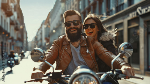 A joyful couple, both wearing sunglasses, rides a motorcycle through a bustling city street on a sunny day, radiating happiness and freedom. © VK Studio