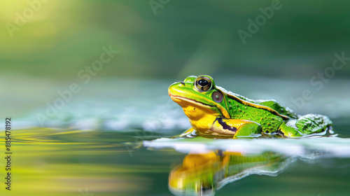 A green frog sits on a lily pad in a pond, surrounded by green vegetation. The frog is looking at the camera.