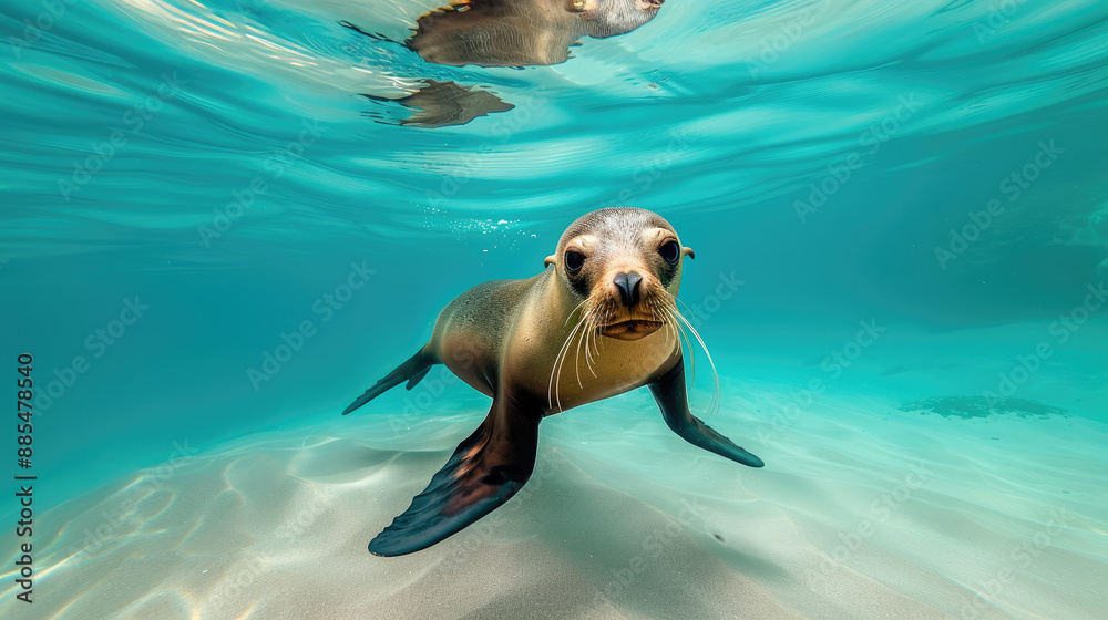 Fototapeta premium Underwater shot of a curious sea lion swimming in the ocean.