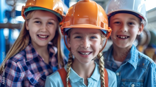 Children in Construction Helmets Smiling with Architect and Builder in Industry © Rabiyah