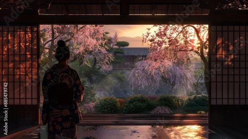 Serene Beauty KimonoClad Figure in Japanese Garden at Twilight photo