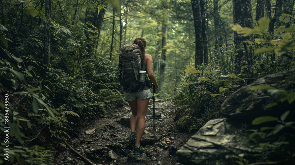 Obraz premium A solo hiker ventures deeper into a dense forest, capturing the essence of adventure and solitude on a leafy trail.