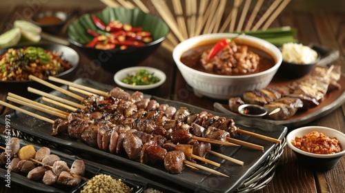 Delicious Indonesian satay skewers with dipping sauce and accompaniments.