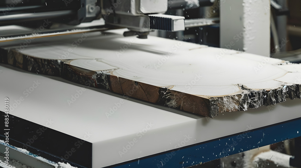 A piece of wood is being cut by a machine. The wood is white and has a grain pattern A piece of wood is being cut by a machine. The wood is white and has a grain pattern