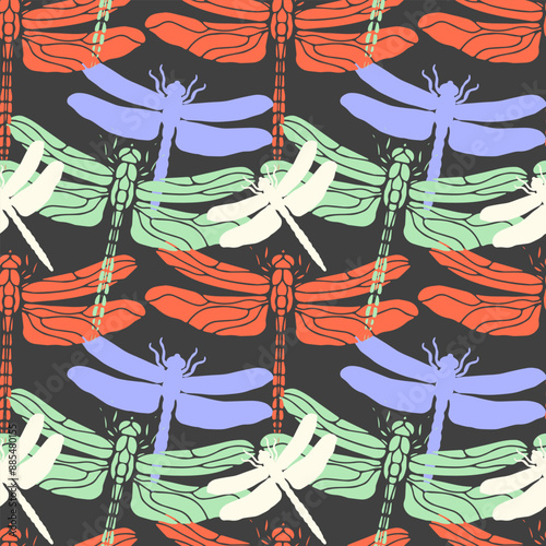 Multi-colored dragonflies on a gray background seamless pattern.Endless ornament.