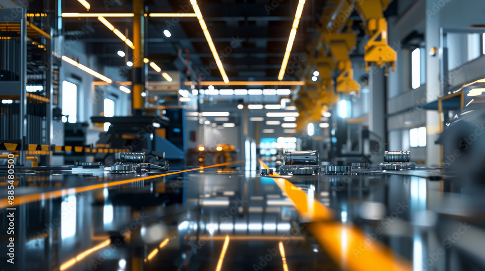 A modern factory floor with advanced machinery and robotic arms operating under bright, organized lighting. A modern factory floor with advanced machinery and robotic arms operating under bright, organized lighting.