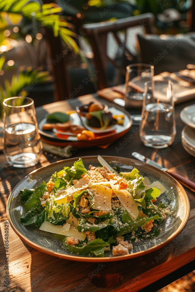 caesar salad on dining table caesar salad on dining table