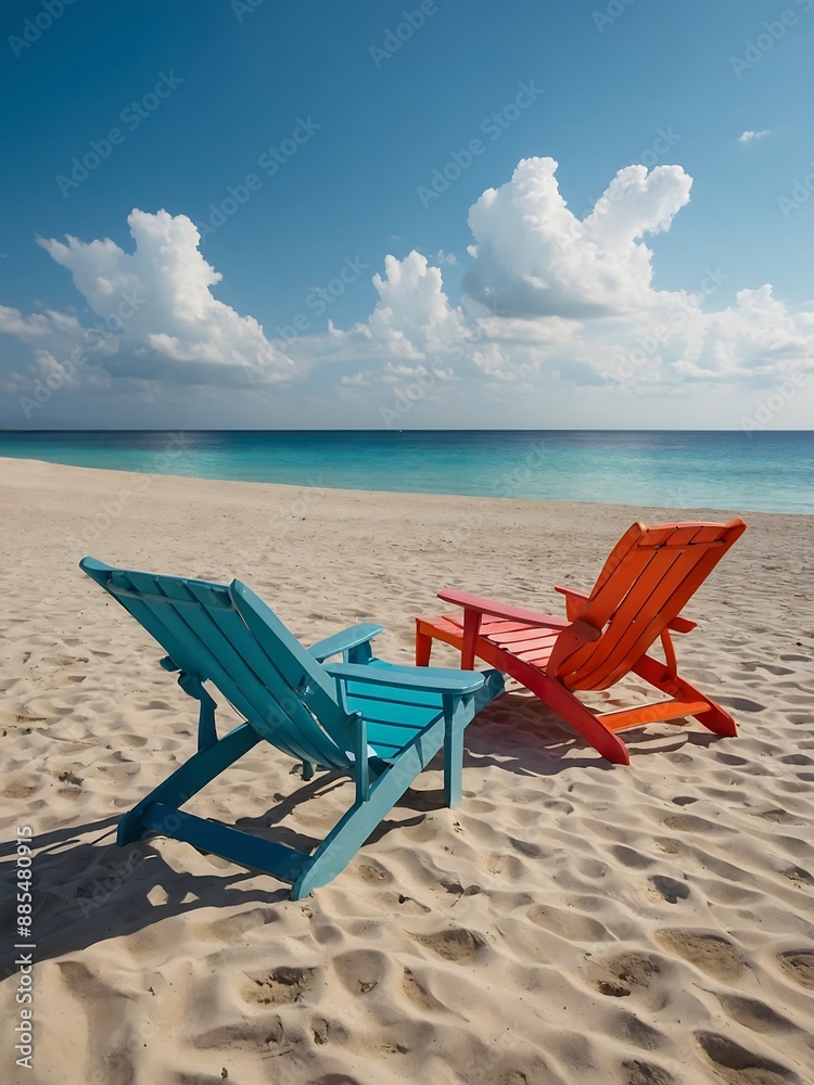 Relaxing beach scene featuring colorful lounge chairs Relaxing beach scene featuring colorful lounge chairs