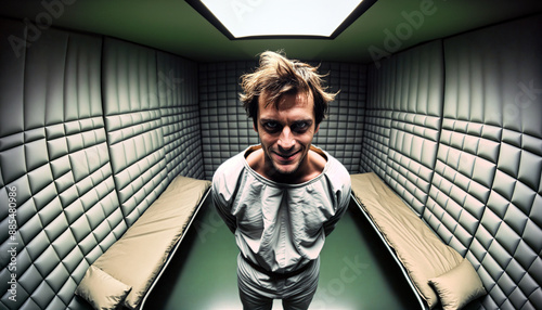 Man in Straitjacket with Intense Stare in Padded Cell photo