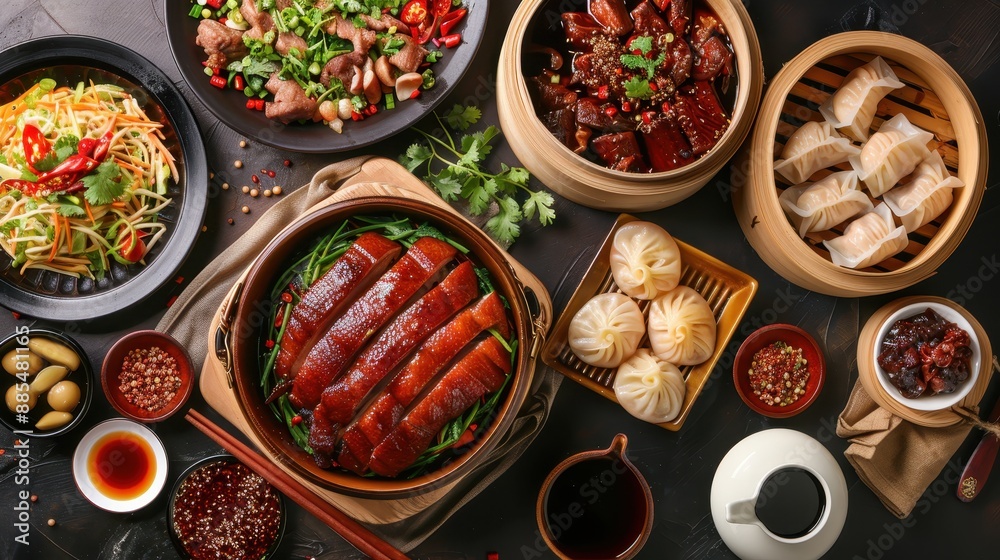 Top view of a delicious and colorful Asian feast with various dishes, perfect for a culinary magazine or food-related content. Top view of a delicious and colorful Asian feast with various dishes, perfect for a culinary magazine or food-related content.
