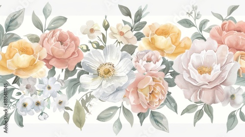 Watercolor floral border with delicate pastel flowers and green leaves.