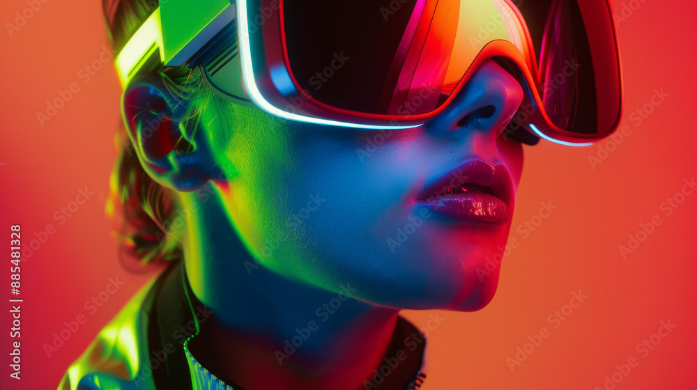 Neon-lit face wearing futuristic oversized goggles reflecting vibrant hues, evoking a sense of modernity and cutting-edge technology. Neon-lit face wearing futuristic oversized goggles reflecting vibrant hues, evoking a sense of modernity and cutting-edge technology.