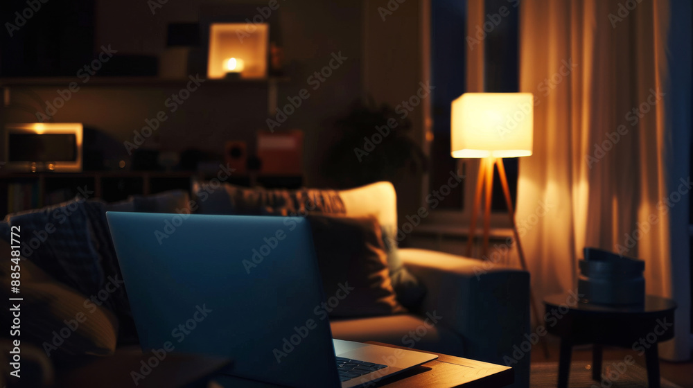 A cozy living room scene with a glowing laptop on a table, ambient light from a lamp creating a comfortable, warm atmosphere. A cozy living room scene with a glowing laptop on a table, ambient light from a lamp creating a comfortable, warm atmosphere.