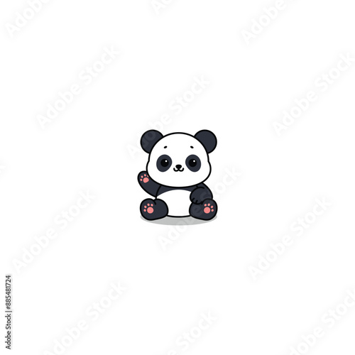 Cute panda sitting and waving paw cartoon, vector illustration