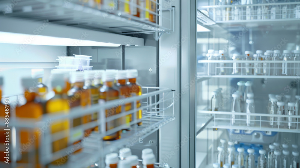 Close-up of a medical refrigerator stocked with amber bottles and various vials, illuminated by a cool fluorescent light, evoking a clinical and sterile ambiance. Close-up of a medical refrigerator stocked with amber bottles and various vials, illuminated by a cool fluorescent light, evoking a clinical and sterile ambiance.