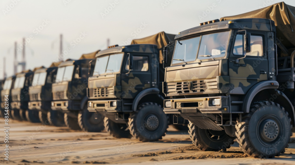 A line of camouflaged military trucks parked on a dirt terrain, highlighting their ruggedness and readiness for deployment.