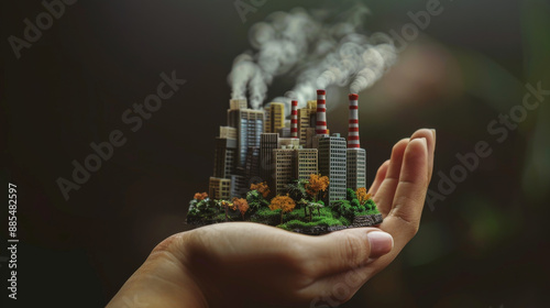 Hands delicately holding a detailed miniature industrial cityscape with red and white chimneys emitting smoke, set against a blurred, greenish backdrop.