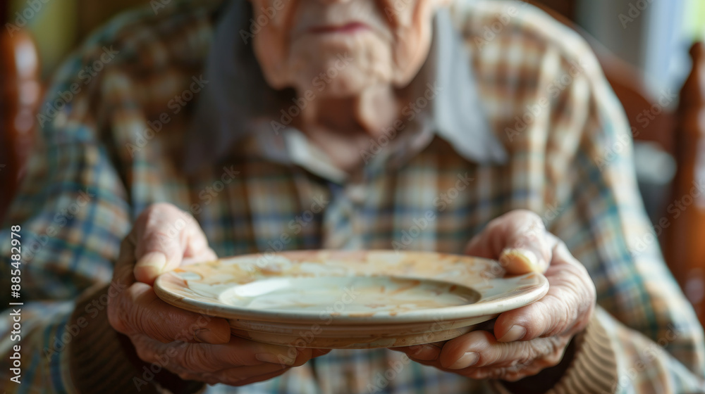 Elderly hands present an empty plate, prominently highlighting the themes of hunger, vulnerability, and the passage of time.