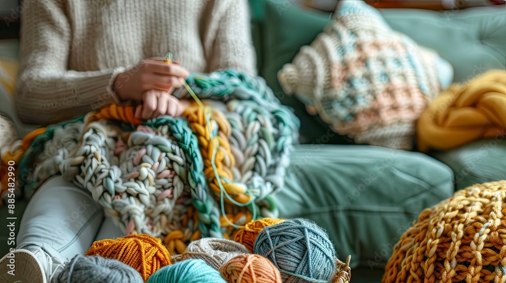 A cozy living room with someone knitting a sweater, soft yarn and needles in hand, surrounded by other knitting projects and a basket of colorful yarns A cozy living room with someone knitting a sweater, soft yarn and needles in hand, surrounded by other knitting projects and a basket of colorful yarns