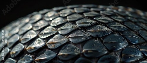 Close-up view of dark reptilian scales, showcasing intricate texture and natural details under low lighting conditions. photo