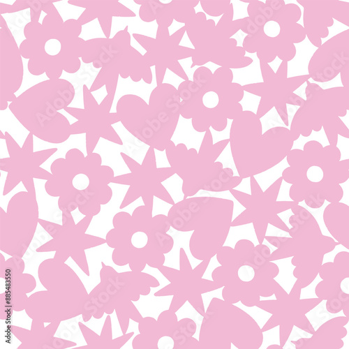 Trendy y2k print with neon pink symbols silhouettes. Hipster vector seamless pattern illustration