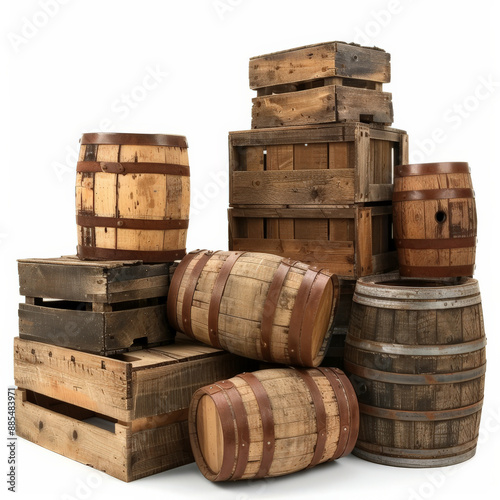 A stack of wooden crates and barrels forming an improvised barricade, isolated on white background photo