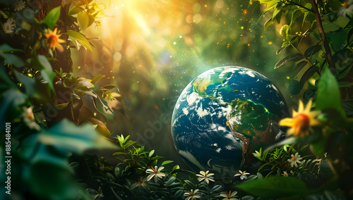 A beautifully lit image of the Earth surrounded by lush green foliage and flowers, symbolizing nature and environmental conservation. photo