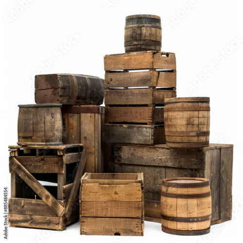 A stack of wooden crates and barrels forming an improvised barricade, isolated on white background