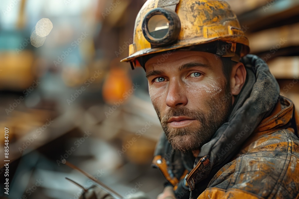 Fototapeta premium Construction worker hammering nails into wood beams at a busy construction site