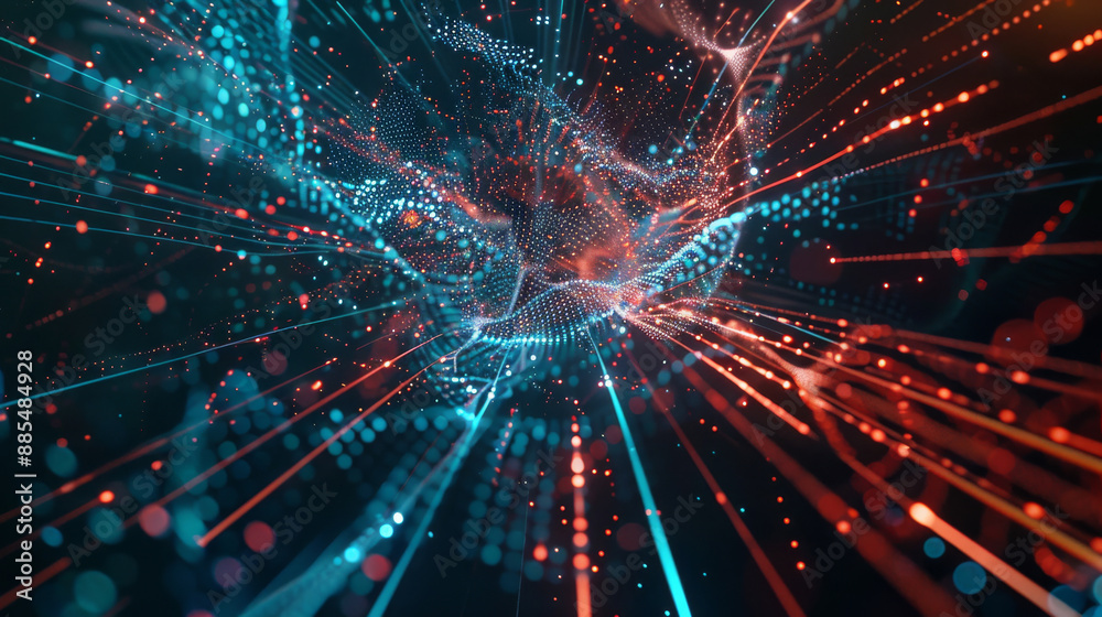 Naklejka premium A mesmerizing digital network of blue and red particles against a dark background visualizes the dynamic and interconnected nature of modern technology and data flow.