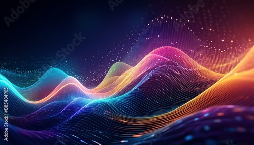 Abstract digital waves in vibrant hues with particle texture