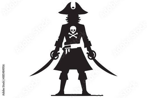 Pirate silhouette with sword, hat, and coat. Pirate Head Hat Beard Warrior Graphic Silhouette